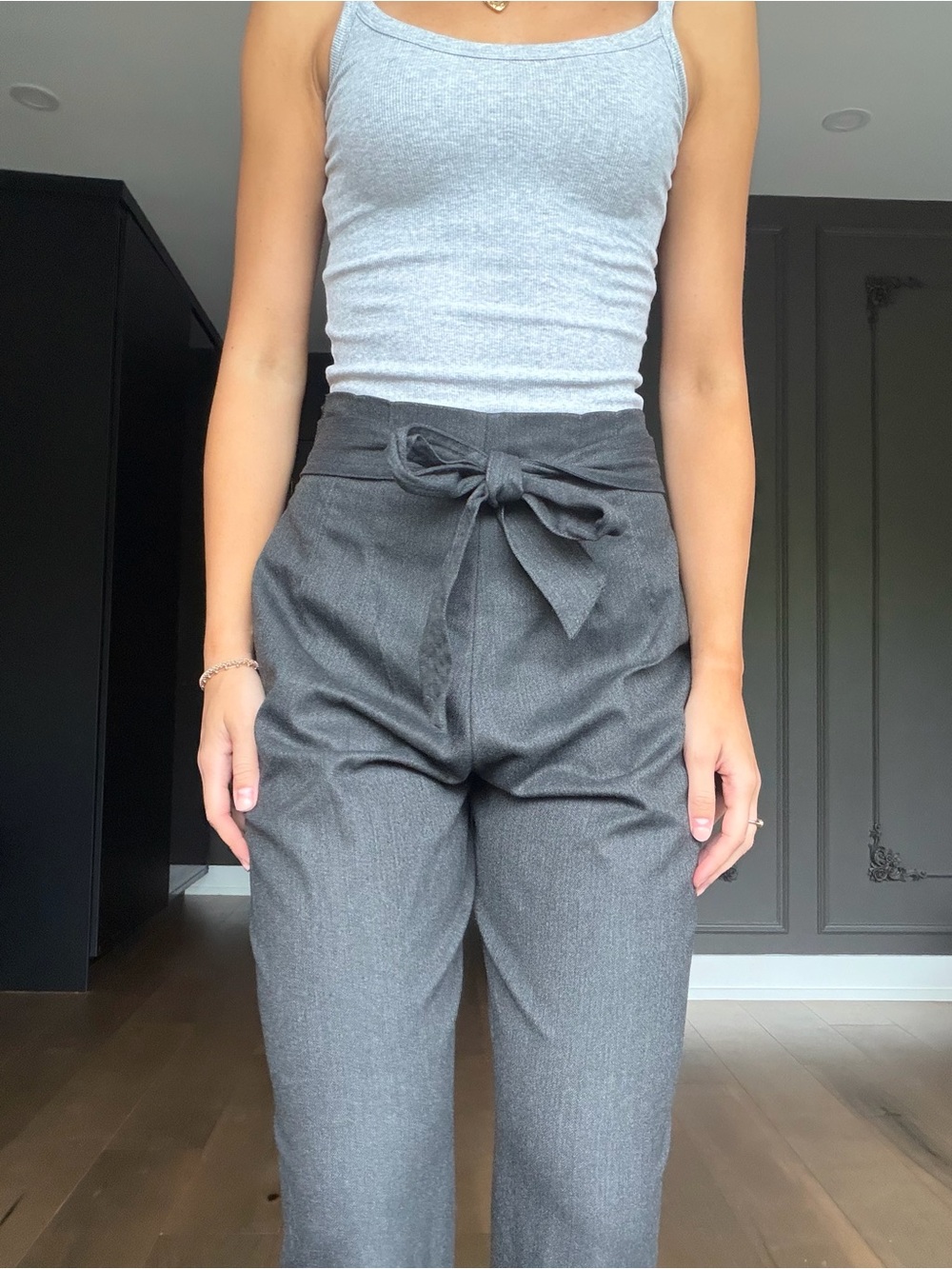 Zara Charcoal Tie-Waist High-Rise Trousers